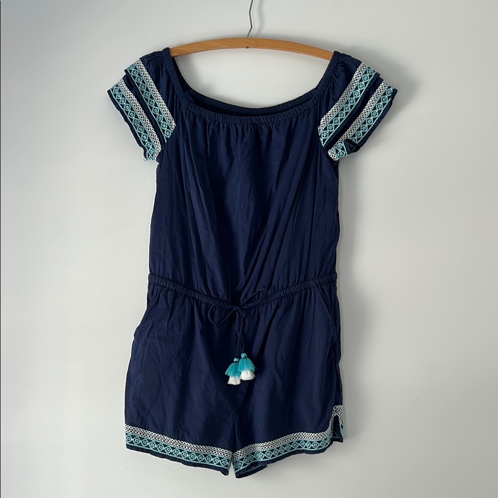 Navy Blue Women’s Romper with Teal Accents